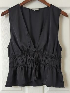Wayf Satin Tie Front Ruched Waist Plunging V-neck Cropped Tank Top Black M